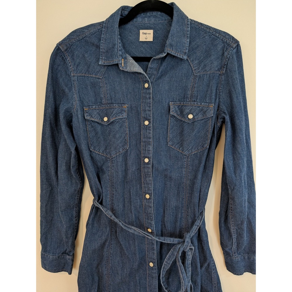 Gap 1969 Womens Blue Denim Western Pearl Snap Shirt Dress Size L Tie Waist Belt - Picture 5 of 9